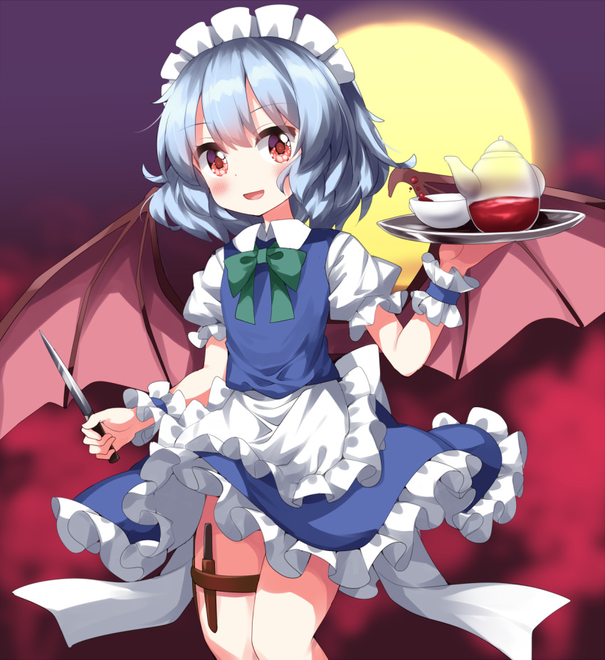 1girl alternate_hairstyle apron back_bow bat_wings blue_skirt blue_vest blue_wrist_cuffs blurry blurry_background bow bowtie commentary_request cosplay cowboy_shot cup fog frilled_apron frilled_skirt frilled_wrist_cuffs frills full_moon green_bow green_bowtie grey_hair hand_up highres holding holding_knife holding_tray holster izayoi_sakuya izayoi_sakuya_(cosplay) knife knife_sheath light_blush looking_at_viewer maid_headdress moon open_mouth orange_eyes purple_sky remilia_scarlet ruu_(tksymkw) sheath short_hair skirt skirt_set sky solo tea teapot thigh_holster touhou tray vest waist_apron white_apron white_headdress wings