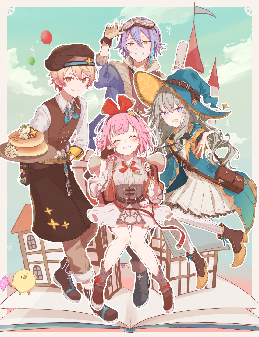 &gt;_&lt; 2boys 2girls :d :q ^_^ absurdres apron aqua_coat aqua_hair aqua_headwear aqua_neckerchief aqua_ribbon arm_up atashi-tachi_no_happy_end_(project_sekai) backpack bag balloon belt belt_buckle belt_pouch beret bird black_bow black_bowtie black_footwear blonde_hair blue_jacket blue_sky blush book boots border bow bowtie brooch brown_apron brown_bag brown_belt brown_footwear brown_gloves brown_hairband brown_headwear brown_pants brown_vest buckle buttons castle chick chocolate_syrup closed_eyes closed_mouth cloud coat collared_dress collared_shirt commentary_request corset day double-breasted dress dress_shirt eyelashes fingerless_gloves flag fold-over_boots food footwear_bow frilled_sleeves frills gloves goggles goggles_on_head gradient_hair grey_corset grey_hair grin hair_between_eyes hair_ribbon hairband hand_on_own_hip hands_up hat hat_belt highres holding holding_flag holding_tray house ice_cream jacket jewelry kamishiro_rui kusanagi_nene lace-trimmed_dress lace_trim licking_lips long_hair long_sleeves looking_at_viewer low-tied_sidelocks multicolored_hair multiple_boys multiple_girls natsuna_(momomoiro) neckerchief official_alternate_costume ootori_emu open_book open_clothes open_coat open_jacket open_mouth orange_eyes orange_hair outline outstretched_arm pancake pants pantyhose pink_hair popped_collar pouch project_sekai purple_eyes purple_hair red_bow red_hair red_neckerchief red_ribbon ribbon satchel shirt short_hair sidelocks sky sleeve_cuffs smile spatula sprinkles star_(symbol) streaked_hair string_of_flags teeth tenma_tsukasa test_tube tongue tongue_out tray two-tone_gloves vest vial white_border white_dress white_outline white_pantyhose white_shirt wide_sleeves wing_collar witch_hat wonderlands_x_showtime_(project_sekai) yellow_eyes