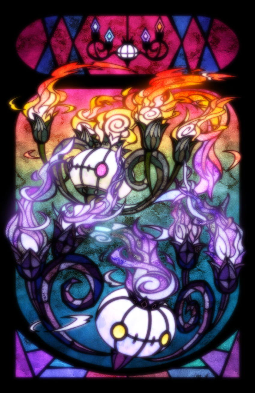 alternate_color black_border blank_eyes border chandelure commentary_request fire free_butterfree full_body highres no_humans partial_commentary pink_eyes pokemon pokemon_(creature) purple_fire shiny_and_normal shiny_pokemon stained_glass yellow_eyes