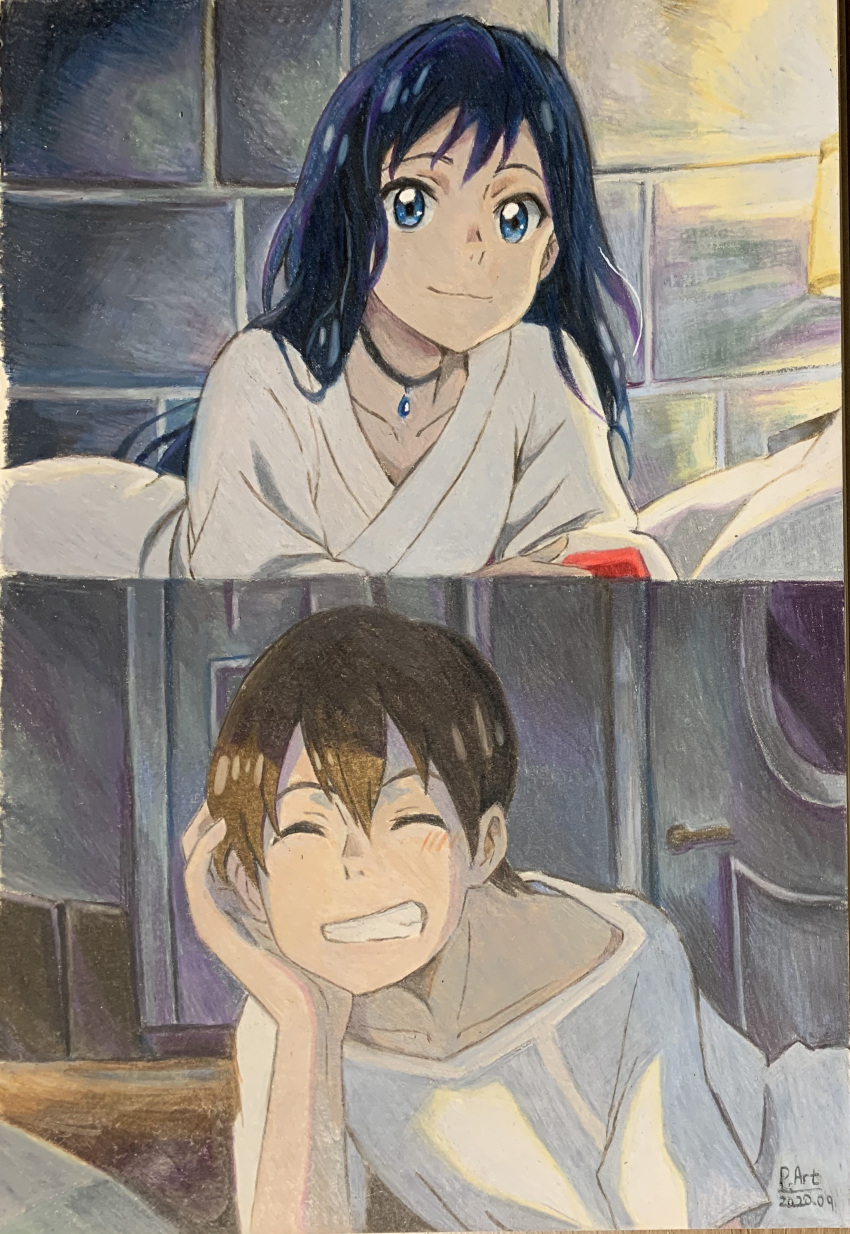 1boy 1girl absurdres amano_hina_(tenki_no_ko) artist_name black_choker blue_eyes blush brown_hair choker clenched_teeth closed_eyes collarbone colored_pencil_(medium) commentary_request dated english_commentary hair_between_eyes hair_down head_rest highres indoors korean_commentary long_hair making-of_available morishima_hodaka_(tenki_no_ko) p.art shirt short_sleeves smile teeth tenki_no_ko traditional_media white_bathrobe white_shirt