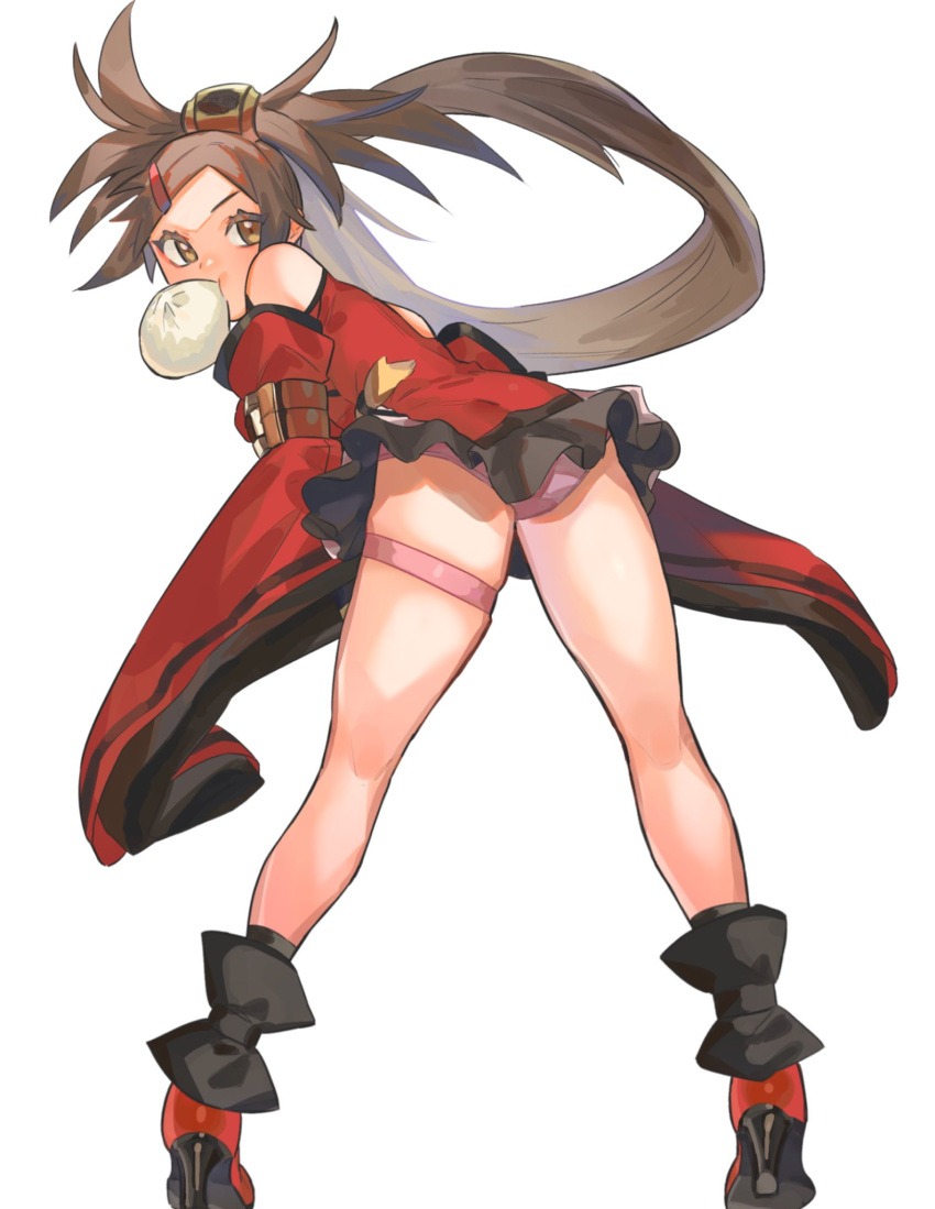 1girl bare_shoulders big_hair brown_eyes brown_hair china_dress chinese_clothes detached_sleeves dress guilty_gear guilty_gear_xrd hair_rings highres kuradoberi_jam long_hair looking_at_viewer luci_omi_gusu red_dress simple_background very_long_hair wide_sleeves