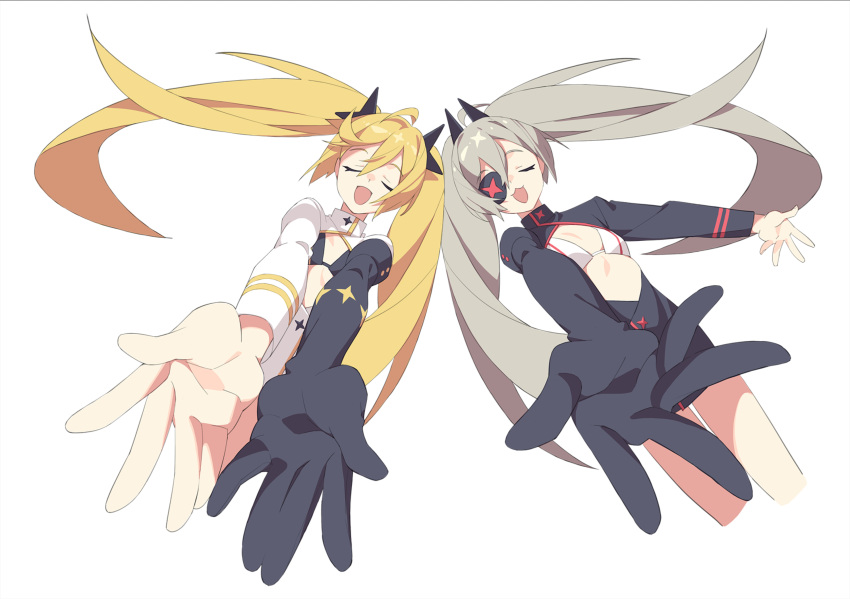 2girls absurdres beckoning blonde_hair clear_(djmax) closed_eyes djmax fail_(djmax) flat_chest grey_hair hair_ornament highres long_hair mamo_c multiple_girls non-web_source open_mouth outstretched_arm outstretched_hand spread_fingers twintails