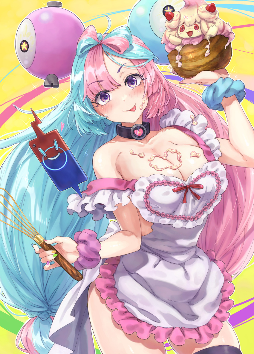 1girl absurdres alcremie apron black_collar blue_hair blue_nails breasts caee_penguin character_hair_ornament cleavage collar food_on_body food_on_breasts green_nails hair_ornament highres iono_(pokemon) large_breasts long_hair looking_at_viewer magnemite multicolored_hair multicolored_nails nail_polish naked_apron pink_hair pink_nails pokemon pokemon_(creature) pokemon_sv purple_eyes rotom rotom_phone smile tongue tongue_out two-tone_hair very_long_hair white_apron yellow_background yellow_nails