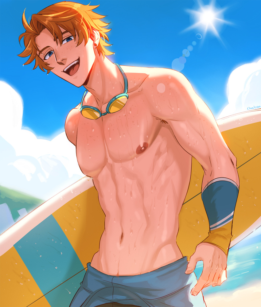 1boy abs armpit_hair blue_eyes blue_sky chalseu earrings eyewear_around_neck genshin_impact hair_between_eyes highres holding holding_surfboard jewelry male_focus male_swimwear muscular muscular_male navel nipples orange_hair short_hair single_earring sky solo stomach sun surfboard tartaglia_(genshin_impact) teeth tongue topless_male