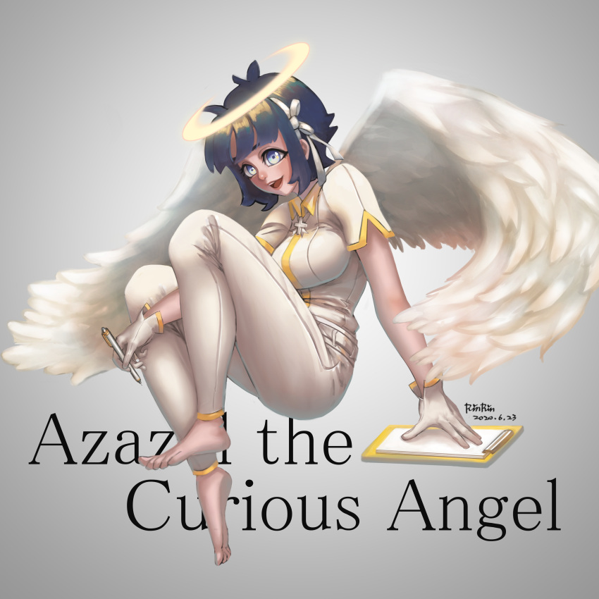 1girl absurdres angel angel_wings arm_between_legs arm_support artist_name azazel_(helltaker) barefoot black_hair blue_eyes breasts character_name clipboard collared_shirt commentary cross cross_necklace dated dress_shirt english_commentary feathered_wings flapping flying from_side gloves grey_background hair_ribbon hairband halo helltaker highres holding holding_pen jewelry knees_up large_breasts left-handed lips looking_at_viewer looking_to_the_side necklace open_mouth original panties paper pen ribbon rinrindraw shirt short_hair short_sleeves sidelocks signature simple_background smile solo toes underwear white_gloves white_hairband white_panties white_ribbon white_shirt white_wings wings