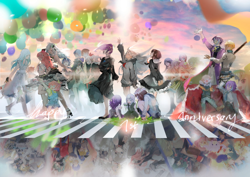 25-ji_nightcord_de._(project_sekai) absurdres akiyama_mizuki aoyagi_touya arm_up asahina_mafuyu azusawa_kohane balloon baseball_cap black_dress blonde_hair blue_hair cape colorful_festival_(project_sekai) crosswalk dress green_hair hanasato_minori hat hatsune_miku high_ponytail highres hinomori_shizuku idol jacket kamishiro_rui kiritani_haruka kusanagi_nene long_hair long_sleeves momoi_airi nenerobo ootori_emu project_sekai purple_eyes purple_hair pyongtaro red_cape shinonome_akito shinonome_ena shiraishi_an shirt shoes short_hair short_sleeves skirt tenma_tsukasa very_long_hair vivid_bad_squad_(project_sekai) white_dress wonderlands_x_showtime_(project_sekai) yoisaki_kanade