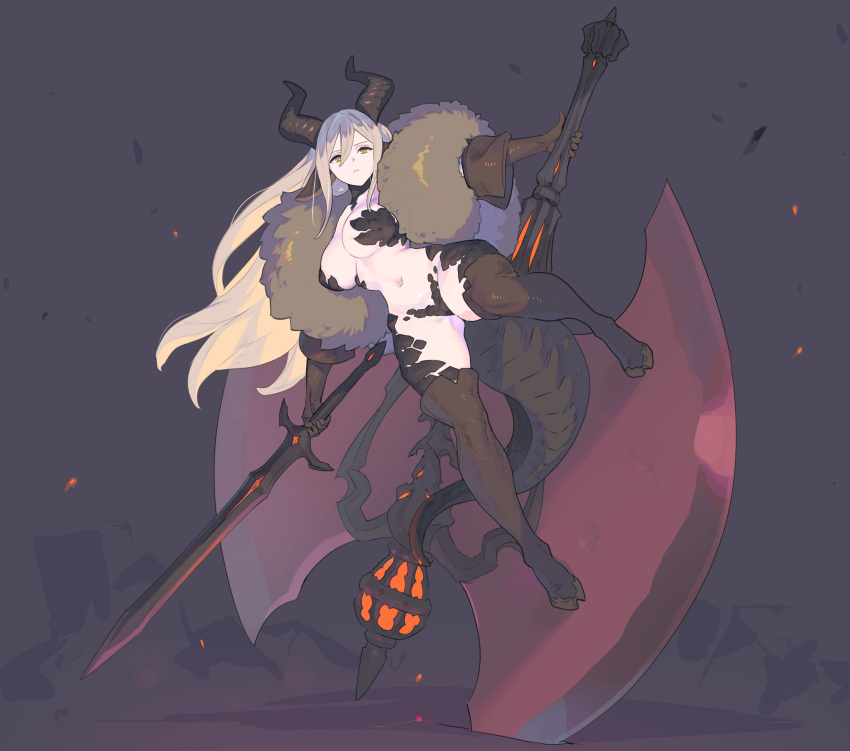 1girl animal_ears axe blonde_hair boots breasts brown_gloves commentary_request enkyo_yuuichirou full_body fur_scarf gloves highres holding holding_axe holding_sword holding_weapon hoof_shoes horns huge_weapon large_breasts long_hair navel original planted planted_axe scales solo sword tail thigh_boots very_long_hair weapon wind wind_lift yellow_eyes