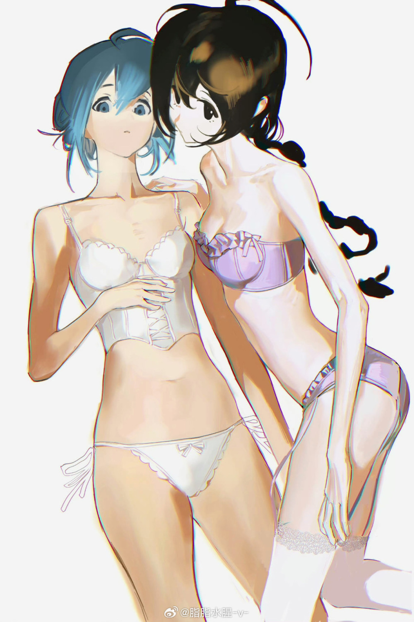2girls ahoge bare_arms bare_legs black_eyes black_hair blue_eyes blue_hair bra braid camisole chinese_commentary closed_mouth collarbone commentary_request cowboy_shot frilled_bra frilled_panties frills guigui_rongrong hair_bun hand_on_another's_shoulder hand_on_own_chest highres lace-trimmed_panties lace-trimmed_socks lace_trim light_frown long_hair low_twin_braids multiple_girls navel original over-kneehighs pale_skin panties purple_bra purple_panties ribbon short_hair simple_background single_hair_bun socks spaghetti_strap stomach thighhighs twin_braids underwear watermark weibo_logo weibo_username white_background white_camisole white_panties white_ribbon white_socks