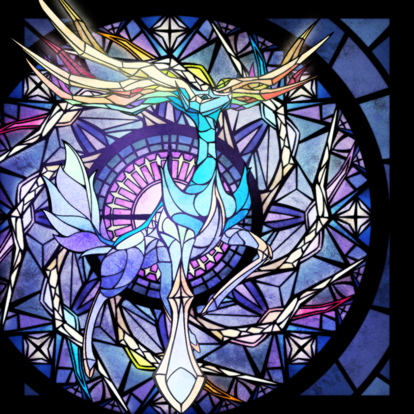 animal_focus blue_background blue_eyes commentary_request free_butterfree full_body highres leg_up looking_at_viewer no_humans partial_commentary pokemon pokemon_(creature) solo stained_glass standing symbol-shaped_pupils x-shaped_pupils xerneas