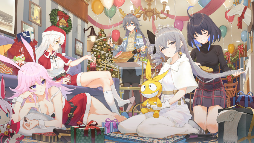 absurdres ai-chan_(honkai_impact) animal antenna_hair balloon bell belt black_belt black_shirt box brushing_hair christmas christmas_tree closed_eyes coca-cola colored_inner_hair comb drill_hair food fu_hua gift gift_box grey_eyes grey_hair hair_between_eyes hat highres higokumaru holding holding_comb homu_(honkai_impact) honkai_(series) honkai_impact_3rd kiana_kaslana kiana_kaslana_(void_drifter) korean_commentary long_sleeves multicolored_hair multiple_girls official_art party pink_hair santa_hat seele_vollerei shirt shoes sitting skirt smile socks standing uwabaki white_hair white_socks yae_sakura