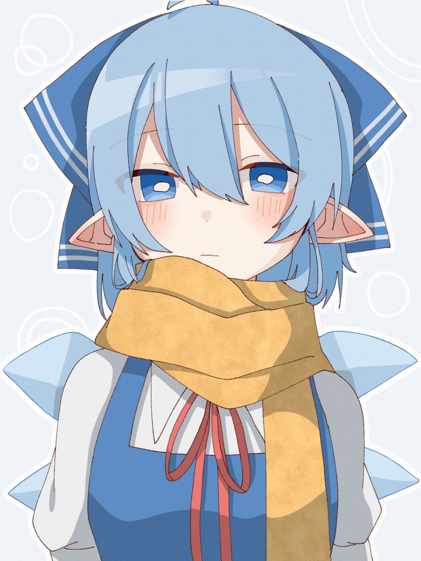 1girl ahoge blue_bow blue_dress blue_eyes blue_hair blush bow cirno collared_shirt commentary_request dress hair_between_eyes hair_bow highres ice ice_wings light_blue_background looking_at_viewer neck_ribbon pinafore_dress pointy_ears red_ribbon ribbon scarf shirt short_hair simple_background sleeveless sleeveless_dress touhou upper_body white_shirt wings yellow_scarf yuzupon_(yuzuponpon)