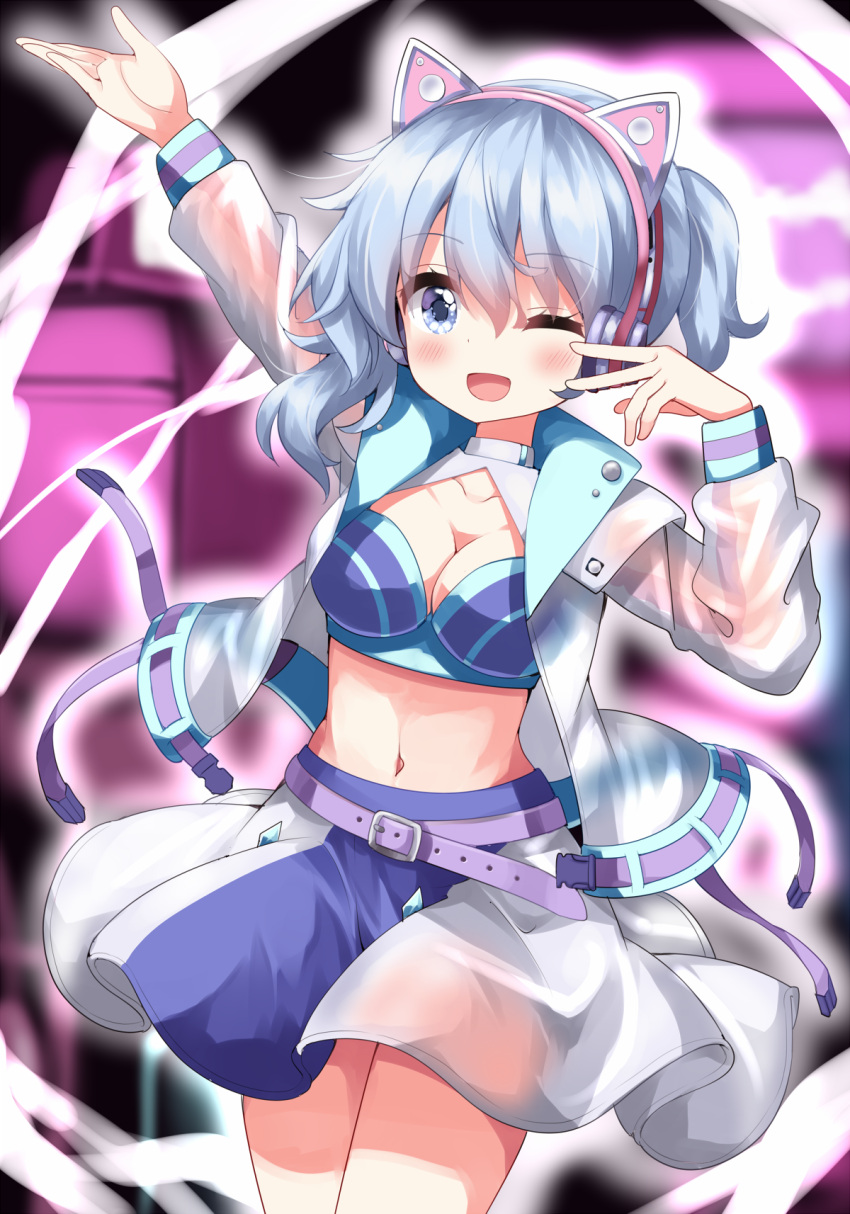 1girl :d animal_ear_headphones animal_ears belt blue_skirt blush breasts cat_ear_headphones cleavage cleavage_cutout clothing_cutout commentary_request cowboy_shot fake_animal_ears headphones highres jacket long_sleeves medium_hair merlin_prismriver merlin_prismriver_(second_eldest_memory_leaker) midriff navel official_alternate_costume one_eye_closed open_clothes open_jacket ponytail puffy_sleeves purple_belt purple_eyes purple_hair ruu_(tksymkw) see-through skirt smile solo stomach touhou touhou_lost_word white_jacket white_skirt