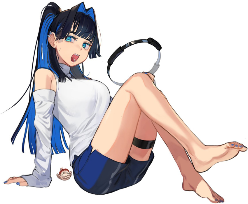 1girl arm_support bare_shoulders barefoot black_hair blue_eyes blue_hair blue_nails blue_shorts blunt_bangs blunt_ends blush breasts center-flap_bangs coat colored_inner_hair commentary detached_sleeves dolphin_shorts ear_piercing eus_ing full_body hair_intakes hololive hololive_english hoop_piercing invisible_chair knees_up large_breasts long_hair long_sleeves looking_at_viewer multicolored_hair nail_polish nanashi_mumei_(owl) official_alternate_costume open_mouth ouro_kronii ouro_kronii_(3rd_costume) piercing ponytail ring-con shirt shorts sidelocks simple_background sitting sleeveless sleeveless_turtleneck solo toenail_polish toenails turtleneck two-sided_coat two-sided_fabric virtual_youtuber white_background white_shirt