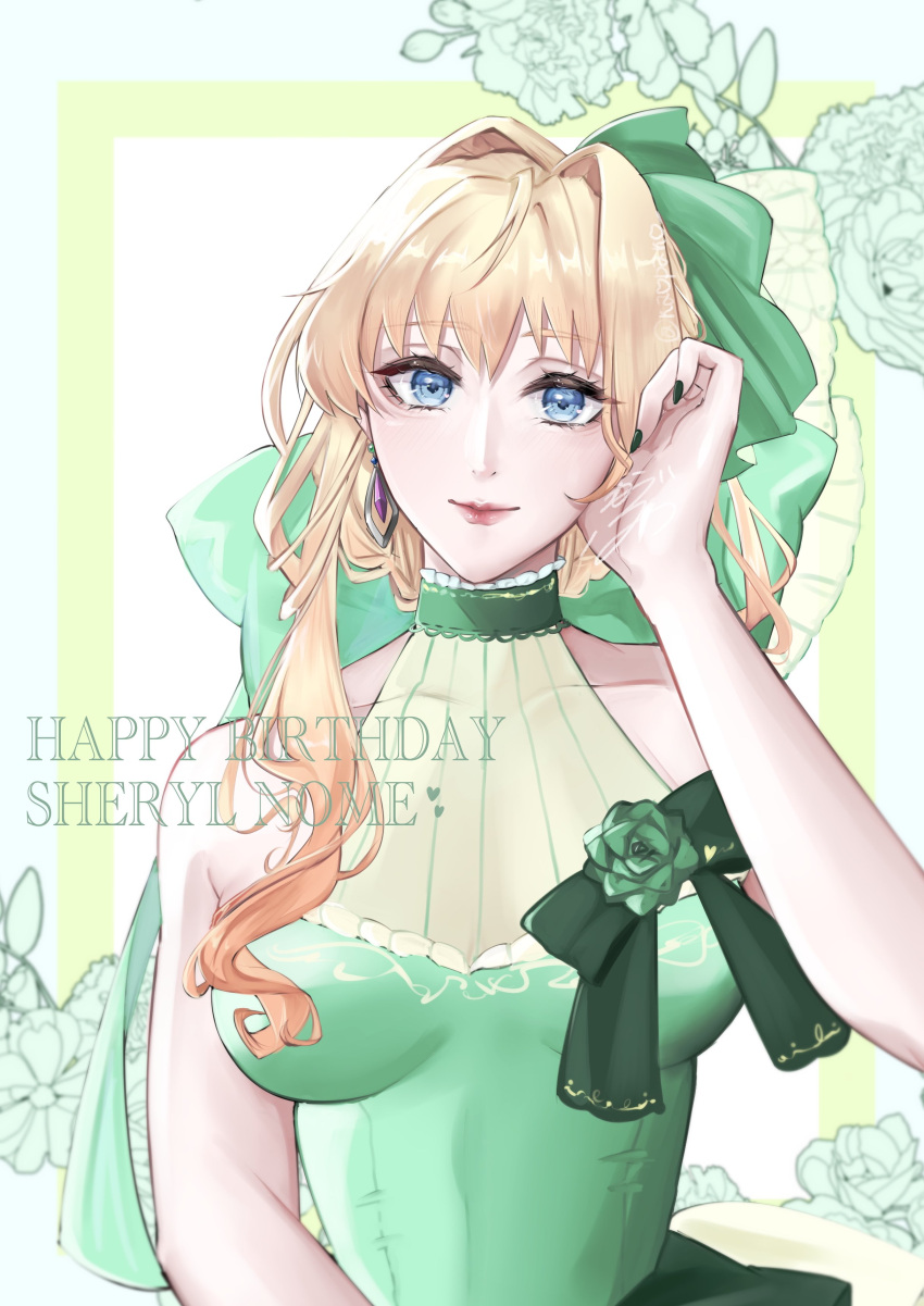1girl absurdres adjusting_hair bare_arms bare_shoulders birthday blonde_hair blue_eyes breasts character_name closed_mouth collarbone commentary_request dress earrings floral_background green_dress green_nails green_ribbon hair_intakes hair_ribbon hand_up happy_birthday highres jewelry kabu_(kaopako_) large_breasts long_hair looking_at_viewer macross macross_frontier red_lips ribbon sheryl_nome signature single_earring single_sidelock sleeveless sleeveless_dress smile solo twitter_username upper_body