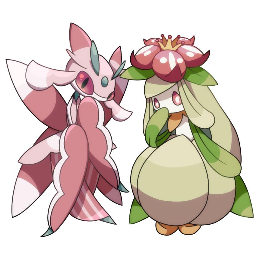 2girls antennae arm_at_side arthropod_girl black_eyes colored_sclera colored_skin commentary_request crown flat_chest flower free_butterfree full_body furry furry_female green_hair green_skin hair_flower hair_ornament hand_to_own_mouth hand_up highres lilligant long_hair lurantis mini_crown monster_girl multicolored_skin multiple_girls no_mouth pink_skin plant_girl pokemon pokemon_(creature) red_flower red_sclera sidelocks simple_background standing striped_skin two-tone_skin white_background white_skin yellow_headwear