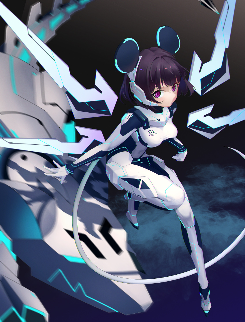 1girl absurdres animal_ears artist_request black_hair bodysuit covered_navel detached_wings headgear high_heels highres mecha_musume mechanical_ears mechanical_tail mechanical_wings mouse_ears mouse_tail neon_trim non-humanoid_robot original purple_eyes robot robot_animal short_hair solo tail white_bodysuit wings