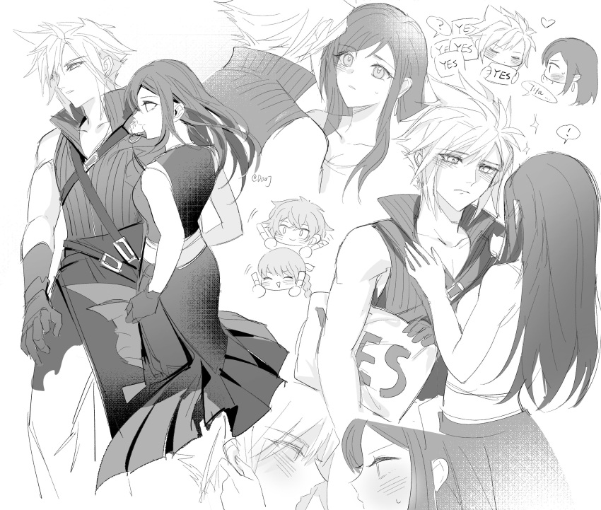 ! 2boys 2girls ? apron baggy_pants bare_shoulders black_hair blush cloud_strife collarbone couple crop_top denzel_(ff7) dirge_of_cerberus_final_fantasy_vii duoj_ji final_fantasy final_fantasy_vii final_fantasy_vii_advent_children gloves greyscale hands_on_another's_face highres holding holding_glowstick holding_pillow long_hair looking_at_another marlene_wallace midriff monochrome multiple_boys multiple_girls multiple_views pants pillow popped_collar ribbed_shirt shirt short_hair shorts sidelocks sparkle spiked_hair spoken_exclamation_mark spoken_question_mark sweatdrop tank_top tifa_lockhart waist_apron white_tank_top yes yes-no_pillow zipper