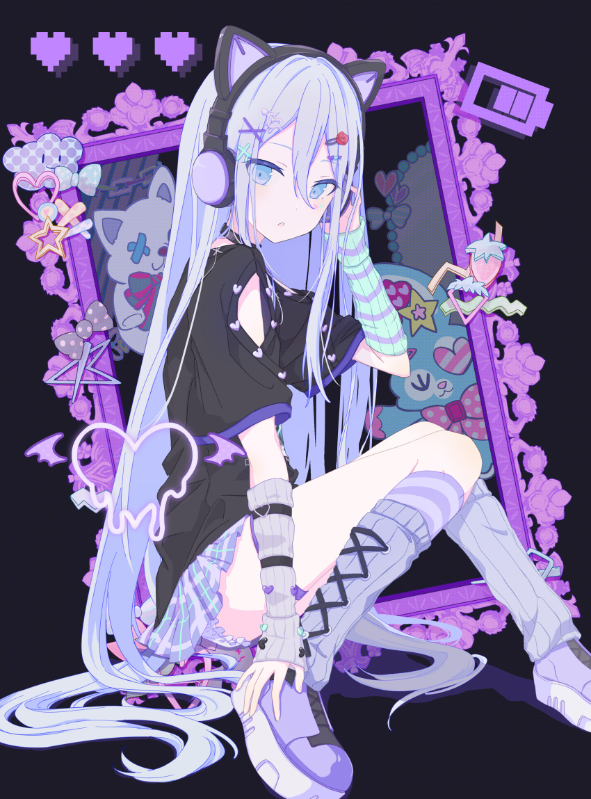1girl :o absurdres animal_ear_headphones animal_ears aqua_bow arm_warmers arrow_through_heart battery_indicator black_background black_bow black_choker black_shirt bloomers blue_eyes bow cat_ear_headphones cat_ears chain choker clothing_cutout commentary cross-laced_clothes facial_mark fake_animal_ears food frills fruit green_arm_warmers grey_arm_warmers grey_hair grey_skirt grey_socks hair_between_eyes hair_ornament hairclip hand_on_headphones hand_up headphones heart heart_facial_mark heart_hair_ornament highres kneehighs knees_up long_hair looking_at_viewer loose_socks miniskirt mismatched_arm_warmers natsuna_(momomoiro) negai_wa_itsuka_asa_o_koete_(project_sekai) official_alternate_costume open_mouth paw_print picture_frame pixel_heart plaid plaid_skirt pleated_skirt polka_dot polka_dot_bow print_shirt project_sekai purple_footwear purple_skirt purple_socks ribbed_socks shirt shoes short_sleeves shoulder_cutout sidelocks simple_background sitting skirt socks solo strawberry striped striped_socks stuffed_animal stuffed_rabbit stuffed_toy stuffed_wolf t-shirt thigh_strap very_long_hair white_bloomers winged_heart wings x_hair_ornament yoisaki_kanade