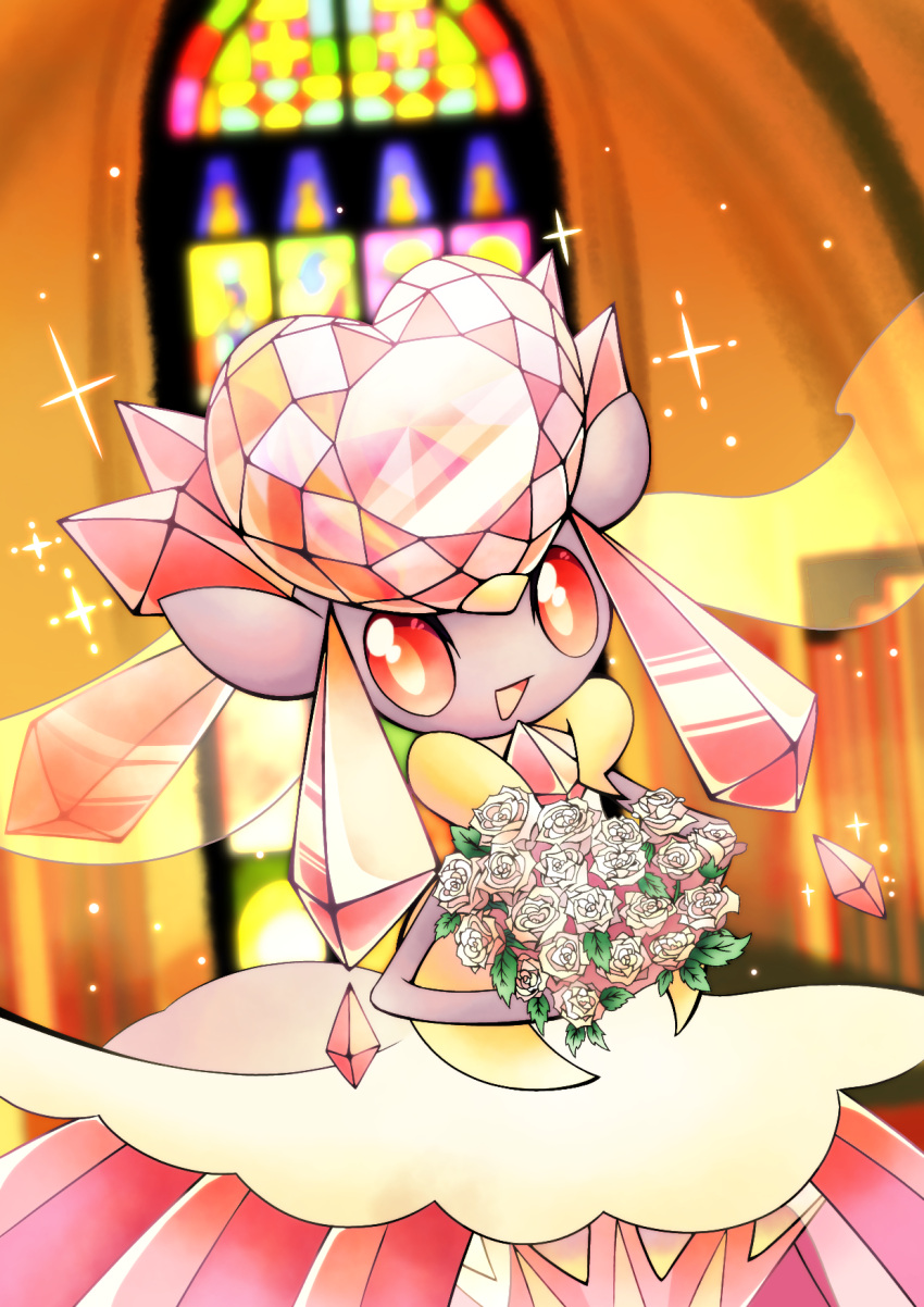 1girl animal_ears blurry blurry_background bouquet chest_jewel colored_sclera colored_skin commentary_request diancie flower free_butterfree grey_skin happy heart highres holding holding_bouquet long_hair looking_at_viewer mega_diancie mega_pokemon open_mouth pink_gemstone pink_hair pokemon pokemon_(creature) red_sclera rose sidelocks smile solo sparkle white_flower white_rose yellow_eyes