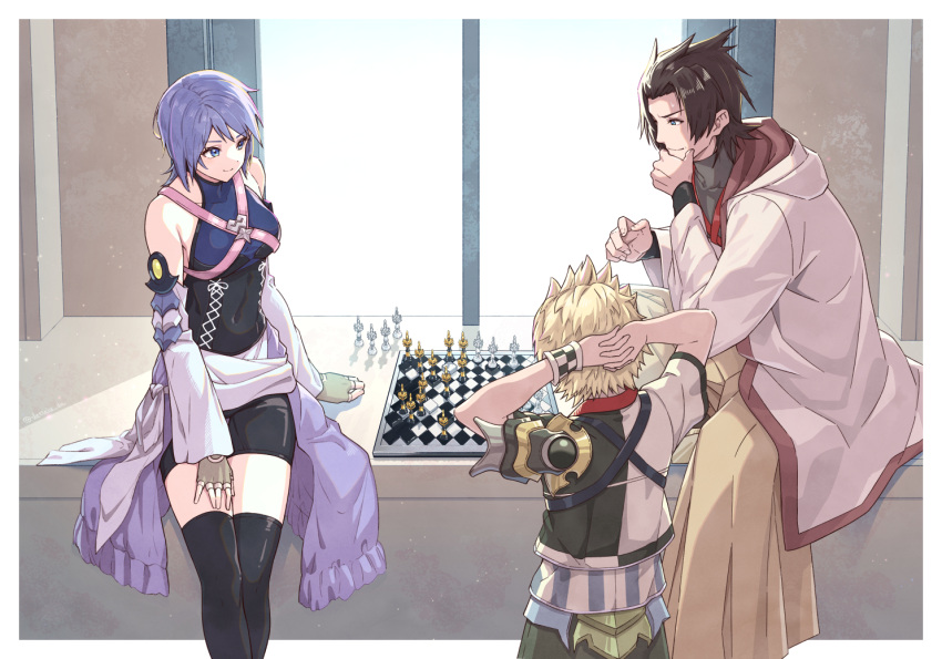 1girl 2boys aqua_(kingdom_hearts) armor arms_behind_head asymmetrical_armor bike_shorts black_corset blonde_hair blue_eyes blue_hair board_game borrowed_clothes brown_hair chess chess_piece chessboard chest_harness coat commentary_request corset cropped_jacket detached_sleeves facing_away facing_to_the_side fingerless_gloves furrowed_brow gloves gogo_(detteiu_de) green_gloves green_pants hakama hakama_pants hand_on_lap hand_on_own_face hands_up harness hood hood_down hooded_coat indoors japanese_clothes kingdom_hearts kingdom_hearts_birth_by_sleep kingdom_hearts_iii knee_up legs_together light_particles long_sleeves looking_at_another looking_to_the_side master_eraqus multiple_boys pants parted_bangs pauldrons short_sleeves shoulder_armor single_pauldron sitting smile spiked_hair standing sunlight sweatdrop terra_(kingdom_hearts) thighhighs turtleneck ventus_(kingdom_hearts) waist_cape window wristband
