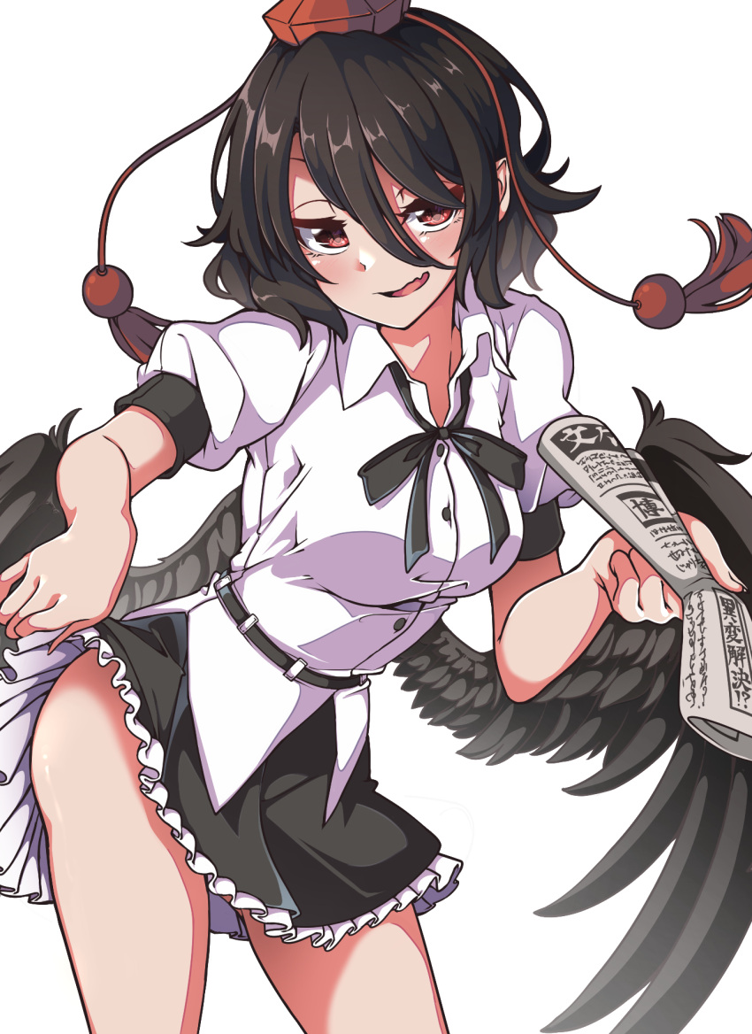 1girl bare_hips bare_legs bird_wings black_hair black_skirt black_wings blush breasts buttons clothes_lift collared_shirt fang feathered_wings frilled_skirt frills gokuu_(acoloredpencil) hat highres holding holding_newspaper large_breasts looking_at_viewer miniskirt newspaper open_mouth puffy_short_sleeves puffy_sleeves red_eyes red_footwear red_headwear shameimaru_aya shirt shoes short_hair short_sleeves skin_fang skirt skirt_lift smile socks solo thighs tokin_hat touhou white_shirt white_socks wings