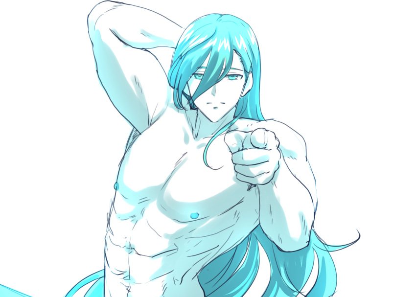 1boy ainchase_ishmael blue_eyes blue_hair completely_nude elsword expressionless glowing_nipples highres long_hair male_focus muscular muscular_male nude pinkmarine pointing pointing_at_viewer richter_(elsword) solo very_long_hair