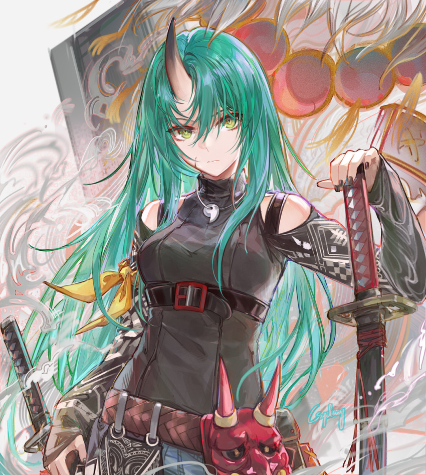 1girl abstract_background arknights arm_ribbon artist_name beads belt belt_buckle black_belt black_horns black_nails black_shirt black_straps blue_pants breasts brown_belt buckle chinese_commentary closed_mouth clothing_cutout commentary_request contrapposto cowboy_shot csyday double-parted_bangs fingernails green_eyes green_hair grey_background hair_between_eyes hair_flowing_over hand_on_hilt hand_rest hand_up high_belt high_collar highres horned_mask horns hoshiguma_(arknights) hoshiguma_(ronin_huntress)_(arknights) jewelry katana long_bangs long_hair long_sleeves looking_at_viewer magatama magatama_necklace mask medium_breasts multiple_swords nail_polish necklace o-ring official_alternate_costume oni oni_horns oni_mask pants print_sleeves red_mask ribbon scar scar_on_cheek scar_on_face serious shadow shirt shoulder_cutout shoulder_strap signature single_horn skin-covered_horns sleeves_past_wrists smoke solo standing straight_hair strap sword tsuba_(guard) tsuka-ito tsuka_(handle) turtleneck turtleneck_shirt underbust very_long_hair weapon yellow_ribbon