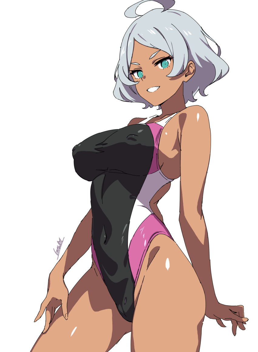 1girl absurdres ahoge batta_16-sei black_one-piece_swimsuit breasts commentary_request covered_nipples dark-skinned_female dark_skin green_eyes grey_hair gundam gundam_suisei_no_majo highres large_breasts looking_at_viewer multicolored_clothes multicolored_swimsuit one-piece_swimsuit pink_one-piece_swimsuit secelia_dote short_hair smile solo swimsuit thighs white_swimsuit