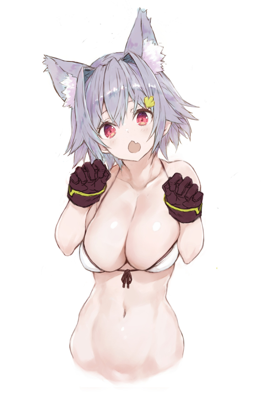 1girl animal_ear_fluff animal_ears bare_shoulders bikini blush breasts brown_gloves cat_ears cleavage collarbone extra_ears front-tie_bikini_top front-tie_top gloves hair_intakes hair_ornament hairclip highres kantai_collection large_breasts looking_at_viewer navel open_mouth paw_pose red_eyes ryo_(tg290) short_hair simple_background solo swimsuit tama_(kancolle) tama_kai_ni_(kancolle) white_background