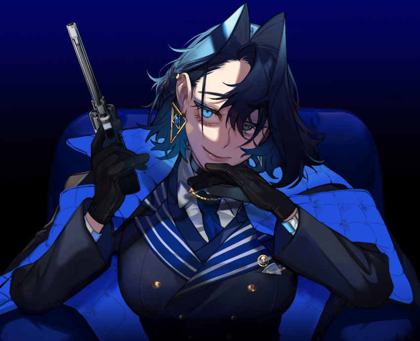 1girl black_gloves black_hair blue_necktie breasts buttons closed_mouth coat commentary couch double-breasted dress_shirt earrings eus_ing eyelashes forehead gloves gun hair_intakes holding holding_gun holding_weapon hololive hololive_english jacket jewelry large_breasts long_sleeves looking_at_viewer mafia_(vocaloid) necktie official_alternate_costume on_couch ouro_kronii revolver shirt short_hair smile solo suit suit_jacket triangle_earrings two-sided_coat two-sided_fabric upper_body virtual_youtuber weapon white_shirt