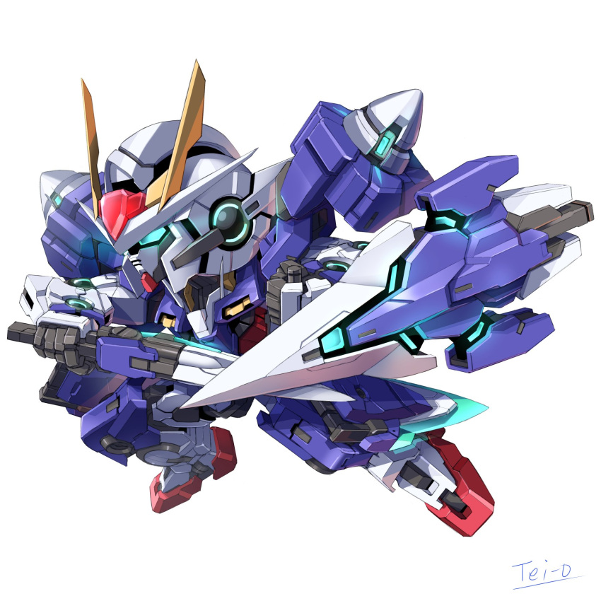00_gundam arm_shield artist_name chibi commentary_request fighting_stance gn_drive green_eyes gundam gundam_00 highres holding holding_sword holding_weapon looking_ahead mecha mobile_suit no_humans profile robot science_fiction sd_gundam simple_background solo sword tei-o v-fin weapon white_background