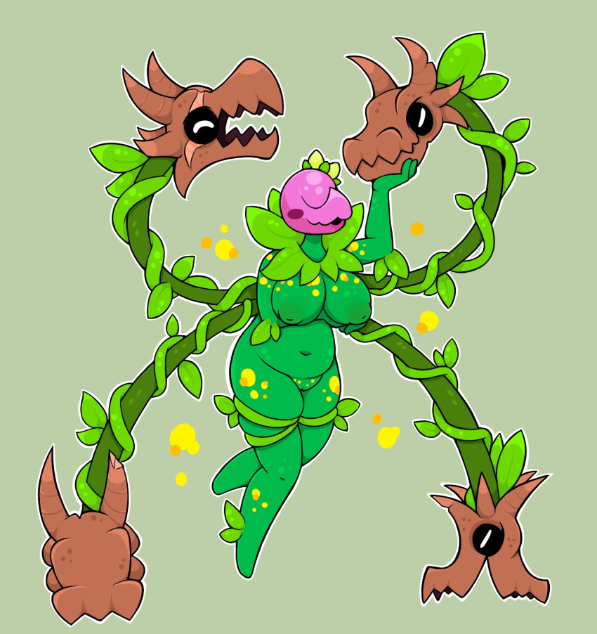 anthro big_(disambiguation) blush breasts chubby_belly chubby_female elemental_creature female flora_fauna flower green_background green_body hand_under_breast hi_res hooks horn humanoid inverted_nipples leaf neck nipples not_furry nude petals pink_flower pink_head plant plantera rex_santos sharp_teeth simple_background smile solo spots teeth terraria thick_thighs vines yellow_spots