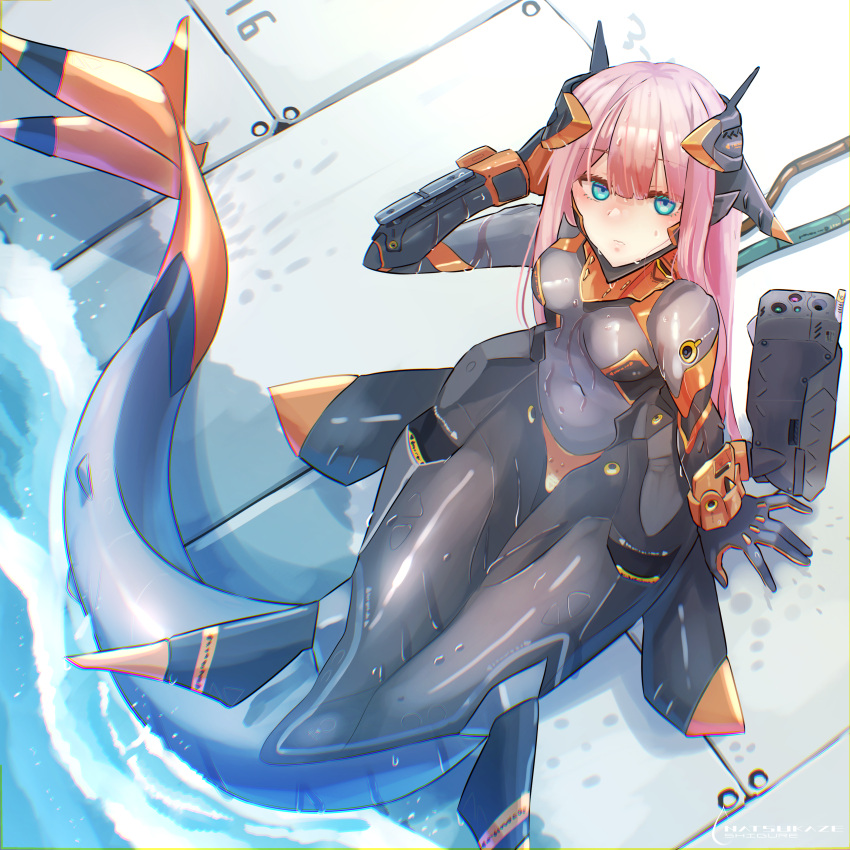 1girl absurdres arm_support blue_eyes bodysuit breasts covered_navel diving_suit fins hand_on_own_head headgear highres long_hair looking_at_viewer medium_breasts mermaid monster_girl original pink_hair sigure-zzzz sitting solo water wet wetsuit