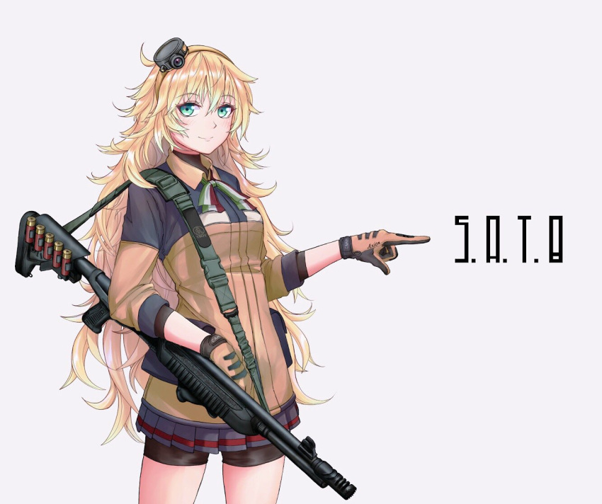 1girl bike_shorts blonde_hair blush character_name collared_shirt commentary_request fabarm_sat-8 girls'_frontline gloves green_eyes gun gun_sling hair_ornament hairband italian_flag italian_flag_print long_hair looking_at_viewer massabou2 messy_hair pointing print_ribbon ribbon s.a.t.8_(girls'_frontline) shirt shotgun shotgun_shell skirt sleeves_rolled_up solo two-tone_shirt very_long_hair weapon
