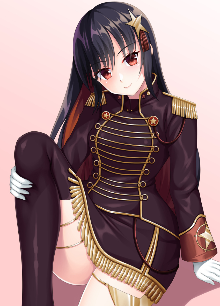 1girl absurdres black_hair black_thighhighs colored_inner_hair epaulettes gloves hair_ornament highres long_hair looking_at_viewer military_uniform multicolored_hair pink_background red_eyes red_hair ruin_re_birth shichiyou_mitsuru simple_background solo star_(symbol) star_hair_ornament station_memories thighhighs uniform white_gloves