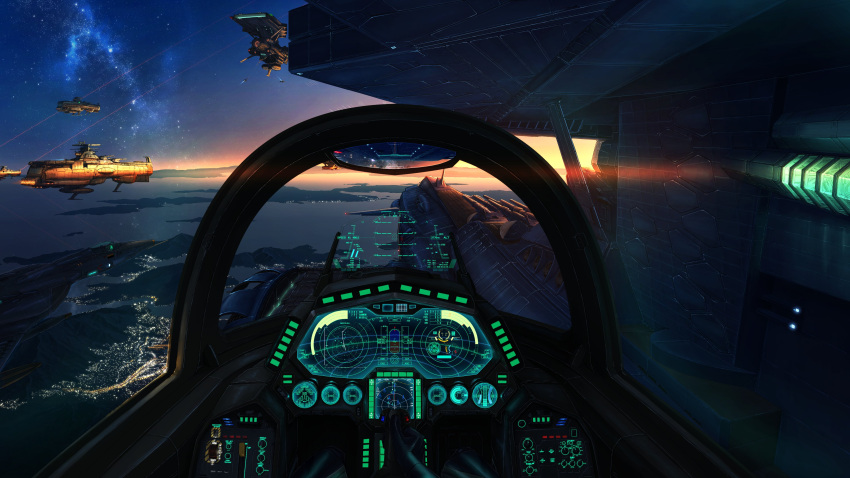 absurdres aircraft airplane bichiguso_un563 cannon cockpit fighter_jet fleet heads-up_display highres jet military_vehicle night night_sky no_humans radar science_fiction sky star_(sky) uchuu_senkan_yamato yamato_(uchuu_senkan_yamato)