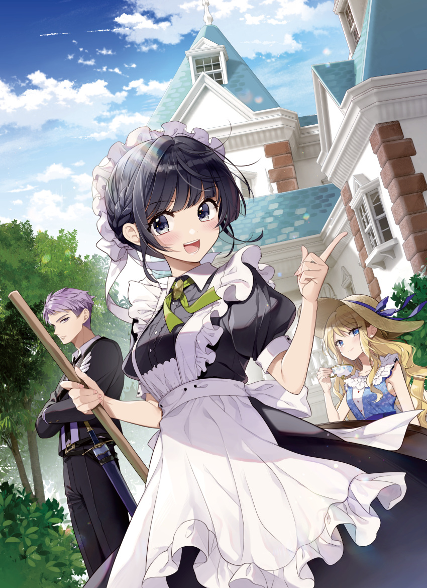 1boy 1girl 2girls :d apron black_dress black_eyes black_hair blonde_hair blue_eyes blue_sky braid breasts bush butler character_request clip_studio_paint_(medium) cloud collared_dress copyright_request cup dress gloves green_ribbon hat hat_ribbon highres holding holding_cup house maid maid_apron maid_headdress multiple_girls official_art outdoors puffy_short_sleeves puffy_sleeves purple_hair ribbon short_sleeves sky smile sun_hat tree white_gloves window yukiko_(tesseract)