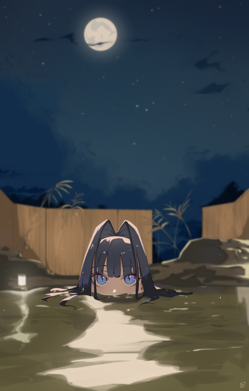 1girl absurdres blue_eyes blue_hair blunt_bangs choppy_bangs commentary eyelashes fence floating_hair full_moon hair_intakes highres hololive hololive_english looking_at_viewer moon night night_sky o22no official_alternate_hair_length official_alternate_hairstyle onsen ouro_kronii outdoors partially_submerged sky slit_pupils solo star_(sky) starry_sky virtual_youtuber water
