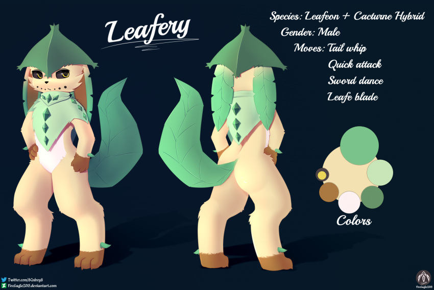 anthro bottomless brown_body brown_fur cacturne capelet clothed clothing digitigrade eeveelution fur generation_3_pokemon generation_4_pokemon gloves_(marking) hat headgear headwear hi_res hybrid leaf_ears leaf_tail leafeon leafery_(character) leaves_on_body leg_markings male markings model_sheet mostly_nude multicolored_body multicolored_fur nintendo pokemon pokemon_(species) senz socks_(marking) solo standing tail white_body white_fur