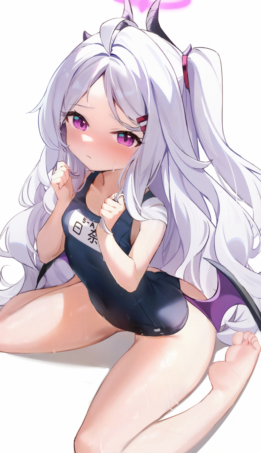 1girl absurdres ahoge bare_legs barefoot blue_archive blue_one-piece_swimsuit blush breasts closed_mouth highres hina_(blue_archive) hina_(swimsuit)_(blue_archive) holding_own_hair horns long_hair low_wings nahaki one-piece_swimsuit one_side_up purple_eyes school_swimsuit simple_background small_breasts solo swimsuit very_long_hair wet white_background white_hair wings