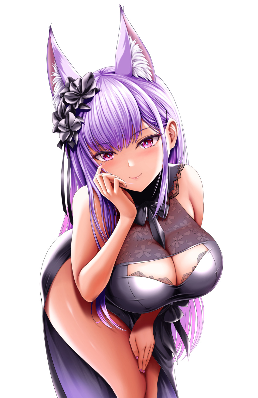 1girl absurdres animal_ear_fluff animal_ears bare_shoulders black_dress breasts cleavage cleavage_cutout closed_mouth clothing_cutout cowboy_shot dress extra_ears flower fox_ears fox_girl hair_flower hair_ornament hand_to_own_face highres indie_virtual_youtuber kamishiro_natsume kitsune large_breasts leaning_forward long_hair looking_at_viewer purple_hair red_eyes shiina_nami simple_background sleeveless sleeveless_dress smile solo standing virtual_youtuber white_background