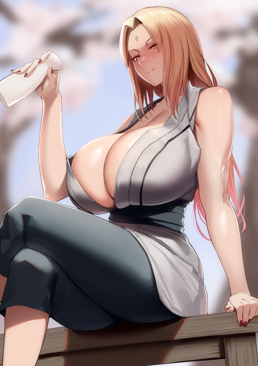 1girl absurdres bare_shoulders blonde_hair blush breasts cleavage collarbone crossed_legs facial_mark forehead forehead_mark green_kimono grey_kimono highres japanese_clothes kimono large_breasts long_hair looking_at_viewer low_twintails lun7732 naruto naruto_(series) parted_bangs sash sittsitt sleeveless solo tsunade_(naruto) twintails yellow_eyes