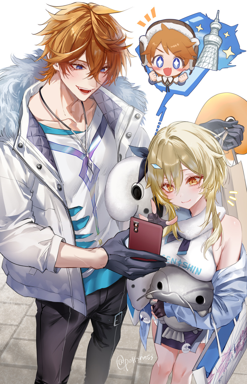1boy 1girl absurdres bag blonde_hair casual cellphone contemporary fur_trim genshin_impact hair_between_eyes hair_ornament height_difference highres holding holding_bag holding_phone jacket jewelry lumine_(genshin_impact) narwhal necklace open_mouth phone pottsness scarf shopping shopping_bag short_hair_with_long_locks smartphone smile stuffed_shrimp tartaglia_(genshin_impact) tartaglia_(xiaomi)_(genshin_impact) teucer_(genshin_impact) tokyo_skytree white_scarf yellow_eyes