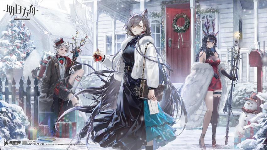 1boy 2girls animal_ears arknights black_dress black_gloves black_hair bow bowtie box braid brown_hair cane christmas_tree coat cup dress drinking_glass earrings gift gift_box gloves grey_hair hair_ornament hat high_heels highres house jacket jewelry long_hair looking_at_viewer multiple_girls official_art penance_(arknights) penance_(occasionally_flushed)_(arknights) postbox_(outgoing_mail) red_dress red_eyes snowman tail tsukinogi_(arknights) tsukinogi_(londinium_style_miko)_(arknights) white_coat white_jacket wine_glass