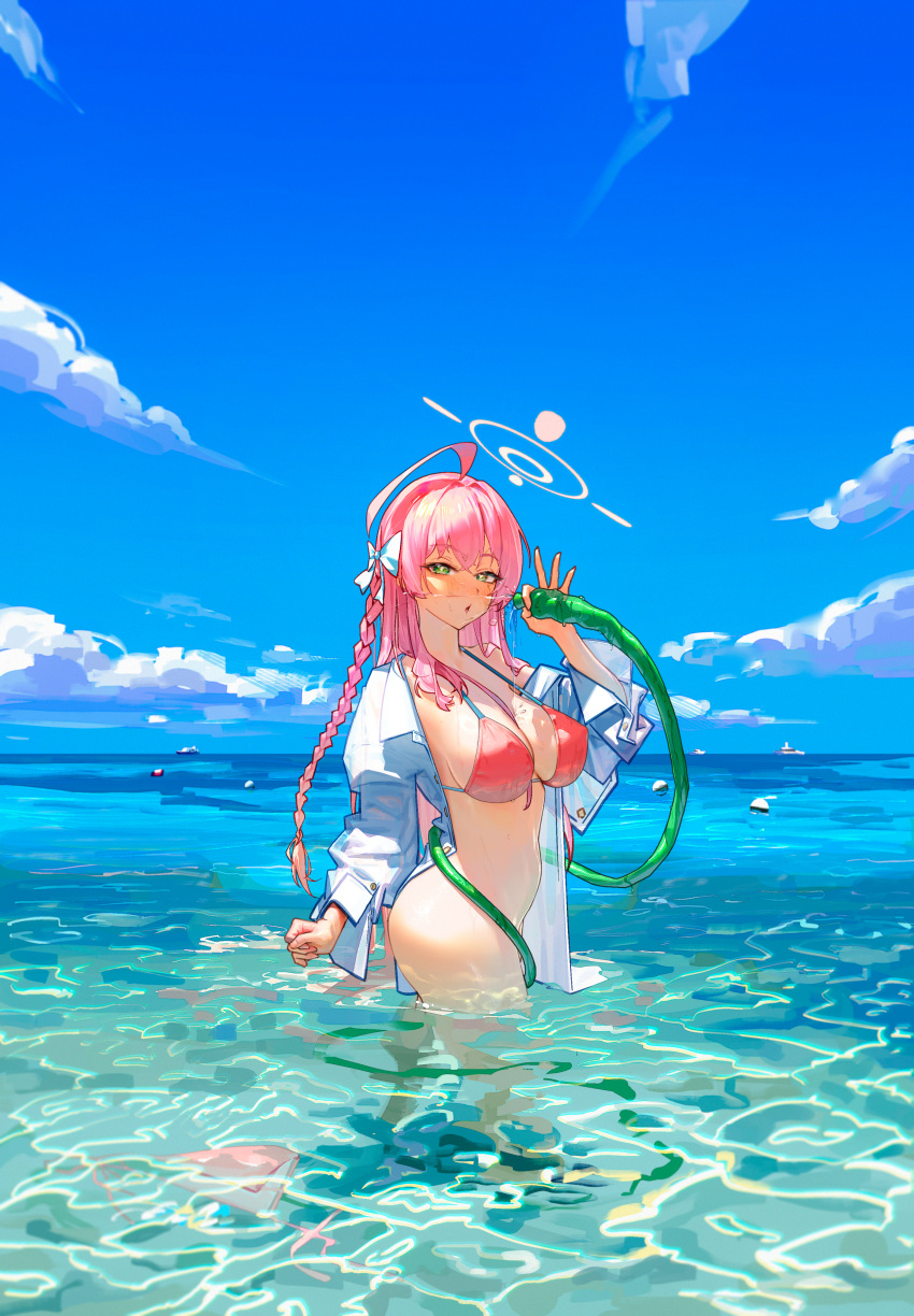 1girl absurdres ahoge bikini blue_archive blue_sky blush bottomless braid breasts cloud day flower green_eyes hair_flower hair_ornament halo hanako_(blue_archive) hanako_(swimsuit)_(blue_archive) highres holding holding_hose hose large_breasts long_hair long_sleeves looking_at_viewer ocean open_clothes open_shirt outdoors parted_lips pink_hair red_bikini sky solo standing string_bikini swimsuit ta03545 unworn_bikini_bottom very_long_hair wading