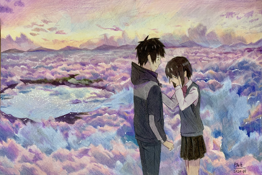 1boy 1girl absurdres artist_name black_hair black_jacket black_skirt bow bowtie closed_mouth cloud collared_shirt colored_pencil_(medium) commentary_request crying crying_with_eyes_open dated dress_shirt english_commentary grey_sweater_vest highres hood hood_down hooded_jacket jacket kimi_no_na_wa. korean_commentary long_sleeves looking_at_another mixed-language_commentary miyamizu_mitsuha outdoors p.art pleated_skirt red_bow red_bowtie school_uniform shirt short_hair skirt sky sweater_vest tachibana_taki tears traditional_media white_shirt wiping_tears