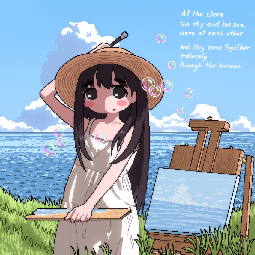 1girl arm_up art_brush blush_stickers brown_eyes brown_hair bubble camisole canvas_(object) chemise cloud cumulonimbus_cloud easel eli_(chibitoad) english_text grass hat highres holding holding_brush holding_paintbrush holding_palette horizon long_hair looking_at_viewer no_nose ocean oekaki open_mouth original outdoors paint paintbrush painting_(object) palette_(object) scenery sky soap_bubbles solo standing sun_hat tall_grass upper_body white_camisole white_chemise