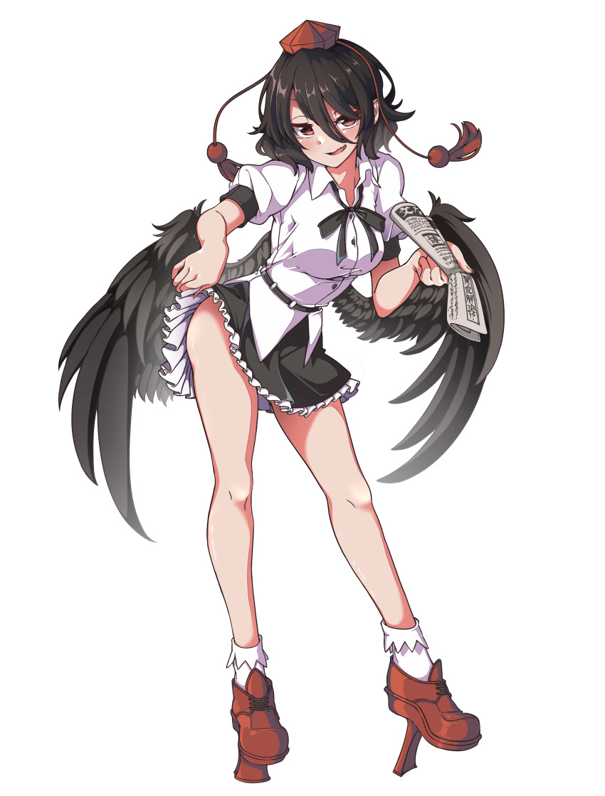 1girl absurdres bare_hips bare_legs bird_wings black_hair black_skirt black_wings blush breasts buttons clothes_lift collared_shirt fang feathered_wings frilled_skirt frills geta gokuu_(acoloredpencil) hat highres holding holding_newspaper large_breasts looking_at_viewer miniskirt newspaper open_mouth puffy_short_sleeves puffy_sleeves red_eyes red_footwear red_headwear shameimaru_aya shirt shoes short_hair short_sleeves skin_fang skirt skirt_lift smile socks solo tengu-geta tokin_hat touhou white_shirt white_socks wings