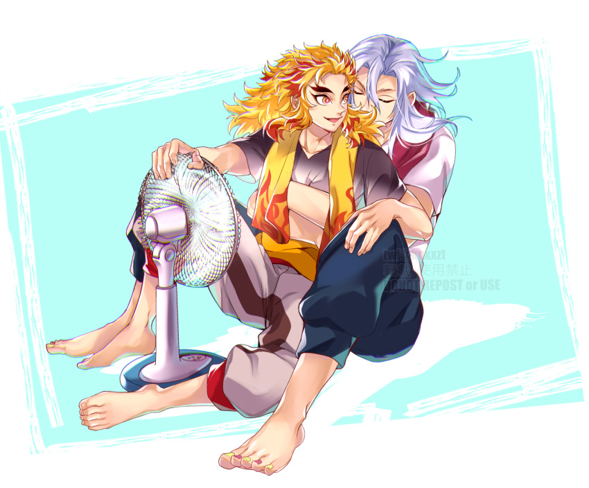 2boys alternate_costume barefoot blonde_hair blue_pants brown_shirt closed_eyes feet folding_fan forked_eyebrows grey_hair hand_fan highres hug hug_from_behind kimetsu_no_yaiba kina_izu long_hair male_focus multicolored_hair multiple_boys open_mouth pants red_hair rengoku_kyoujurou shirt smile t-shirt toes two-tone_hair uzui_tengen white_hair white_shirt yaoi