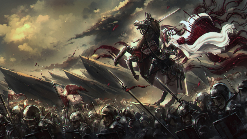 1girl 6+boys armor army banner barding battle_standard colored_skin dress fantasy goddess_of_war_(porforever) halo helmet highres horse long_hair multicolored_skin multiple_boys original plate_armor polearm porforever rearing red_skin shield spear sword two-tone_skin very_long_hair war_banner weapon white_dress white_hair white_skin